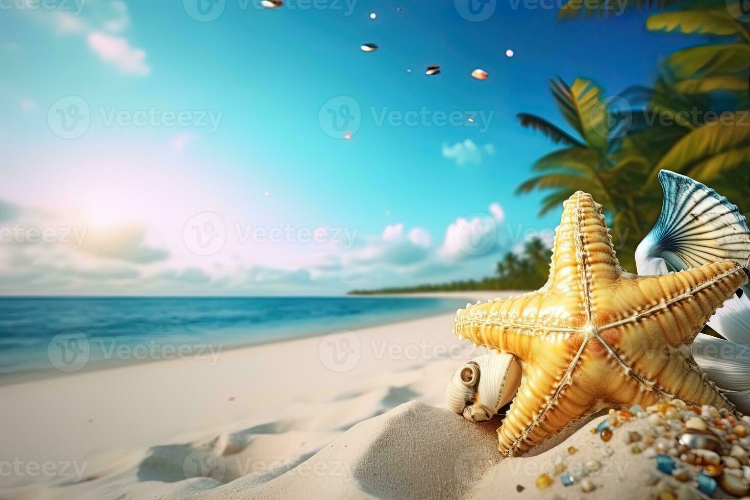 azul pássaro sentado em uma seixo de praia com Palma árvores e turquesa mar cópia de espaço ai generativo foto