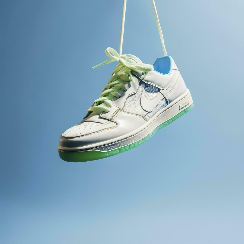 uma branco, azul, e verde casual sapato é suspenso dentro a ar, dentro a estilo do nebuloso, sonhe como qualidade, ai generativo foto