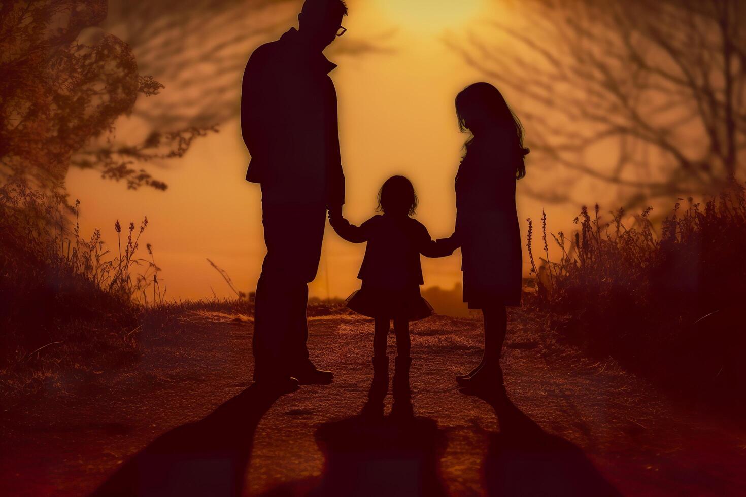 sombra do feliz família junto, pais com seus pequeno bebê às pôr do sol. uma silhueta do amor e unidade. ai generativo foto