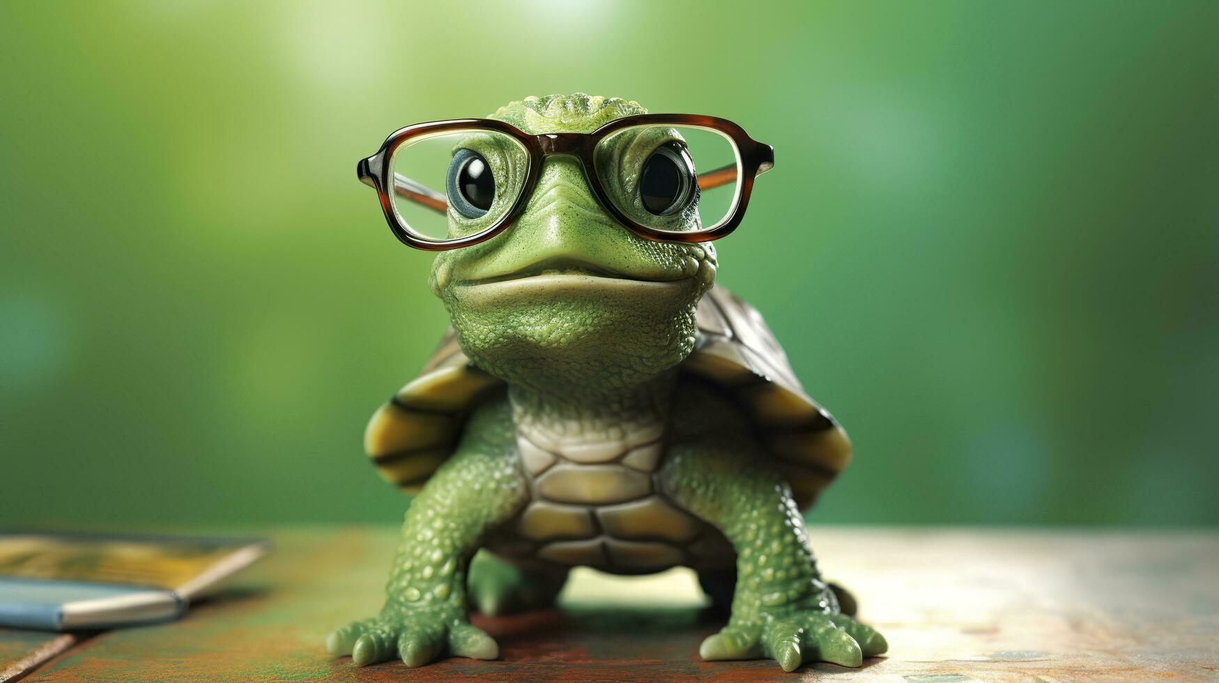 uma fofa pequeno verde tartaruga com copos, gerar ai foto