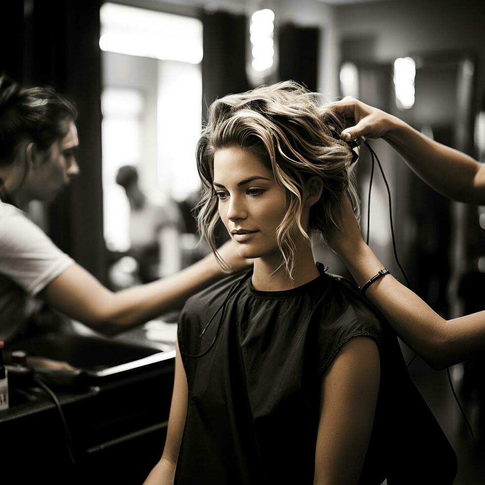 uma mulher obtendo uma corte de cabelo dentro uma salão foto