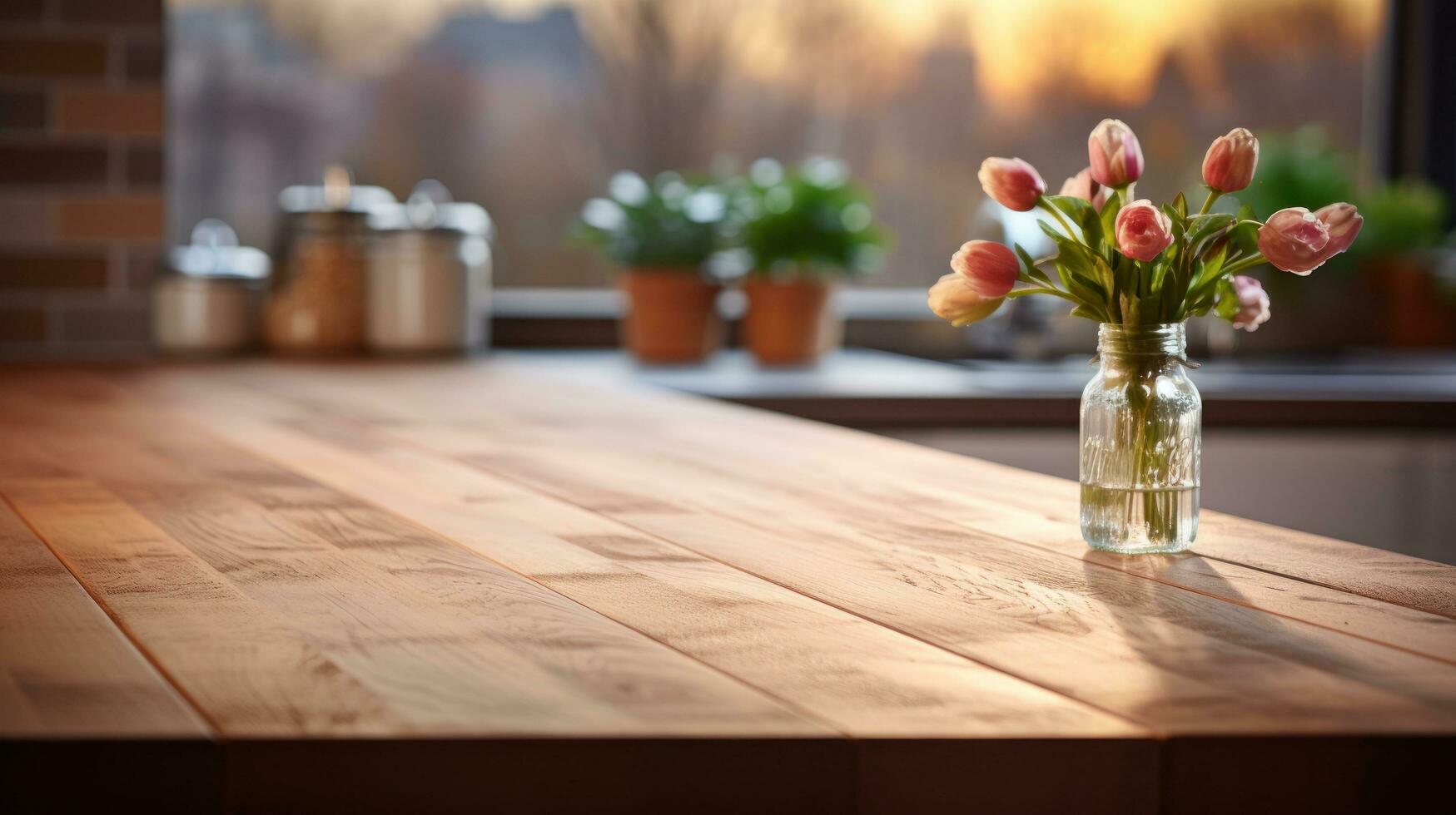uma de madeira mesa topo é mostrando dentro afiado foco contra uma borrado cozinha fundo dentro uma detalhado fotografia foto