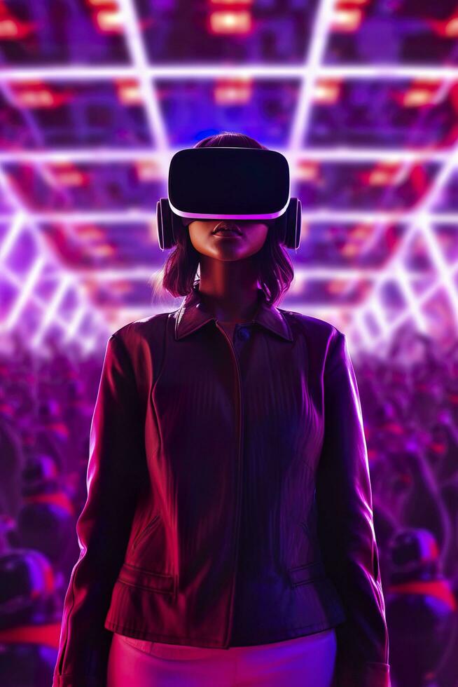 uma jovem ásia mulher é usando uma virtual realidade fone de ouvido. néon luz estúdio retrato. conceito do virtual realidade, simulação, jogos, e futuro tecnologia. ai generativo foto