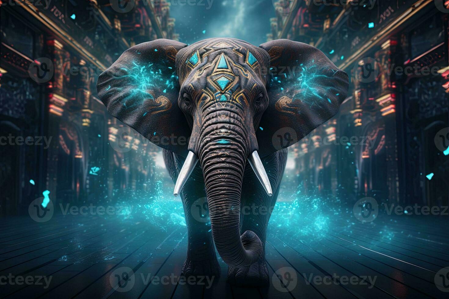 elefante dentro futurista Sombrio quarto com luzes e fumaça. ai generativo foto
