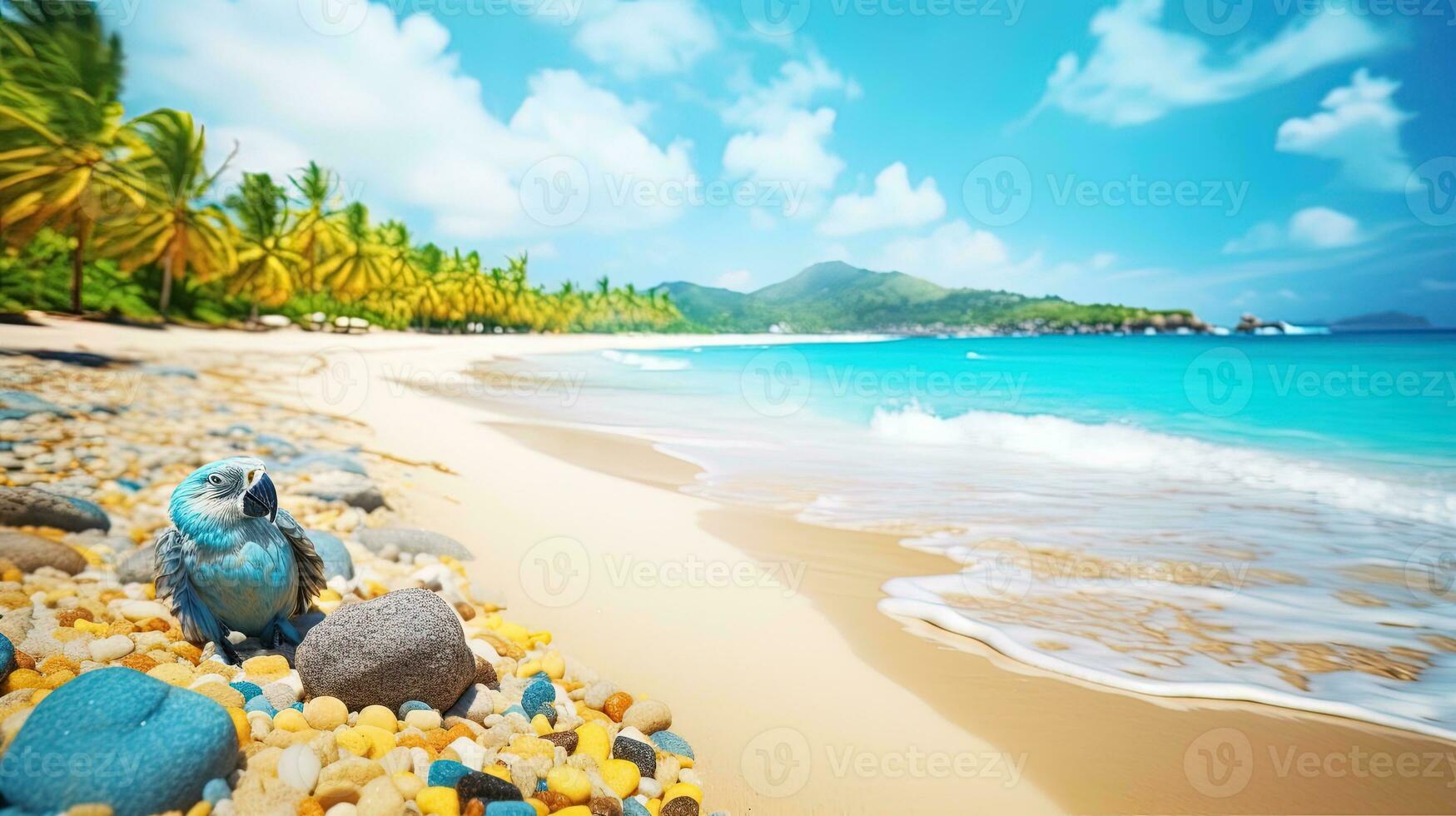 azul pássaro sentado em uma seixo de praia com Palma árvores e turquesa mar cópia de espaço ai generativo foto