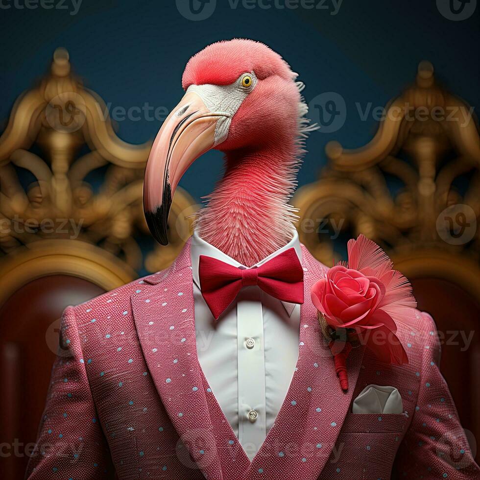 flamingo dentro uma Rosa terno e gravata em uma Sombrio fundo. antropomórfico flamingo. ai generativo foto