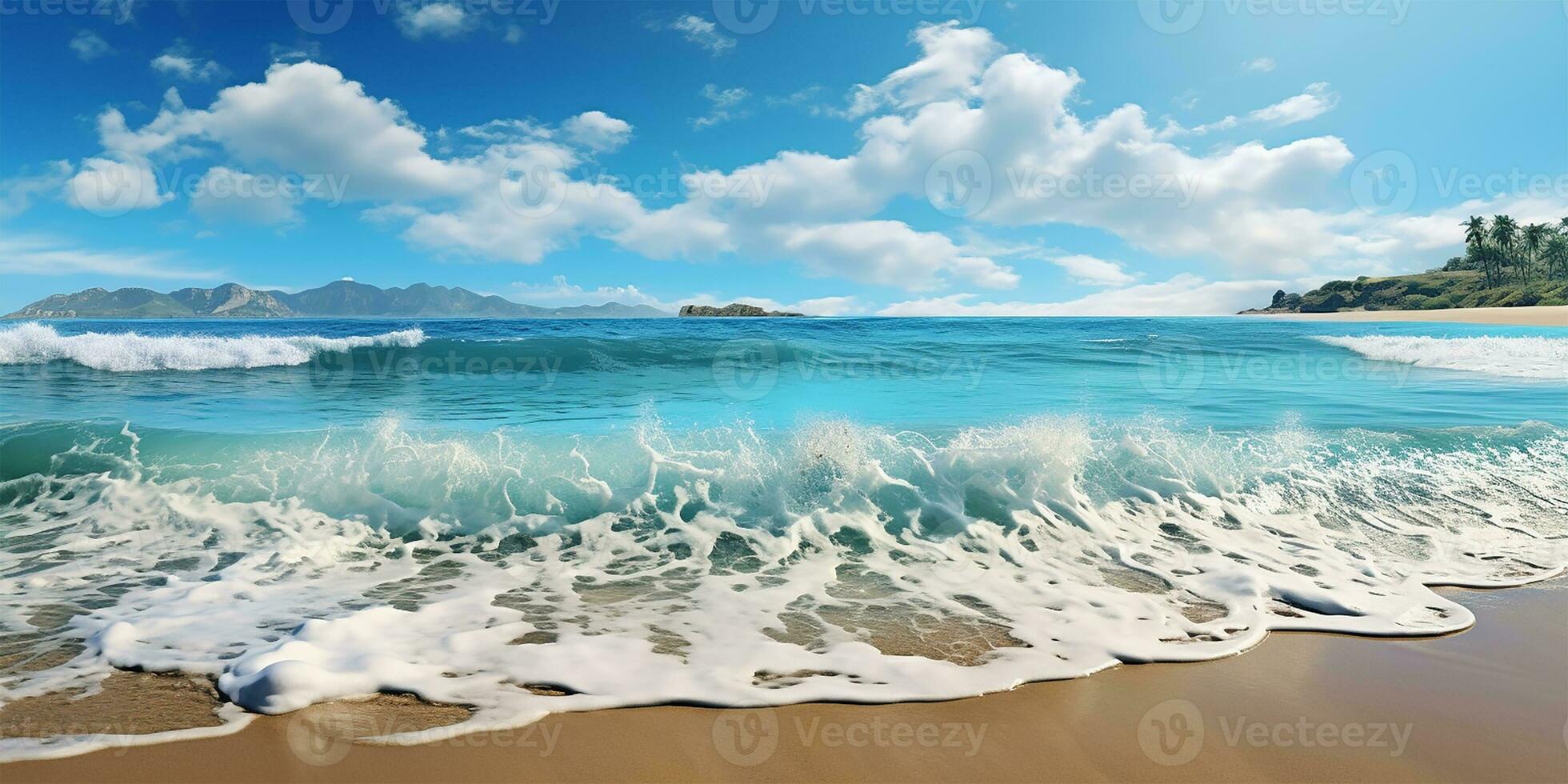 □ Gentil ondas lapidação a arenoso margens do uma sereno de praia. ai gerado foto