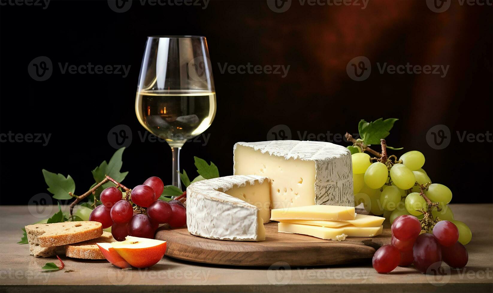 cremoso branco queijo ao lado fresco frutas e uma brilhante vidro do vinho. ai gerado foto