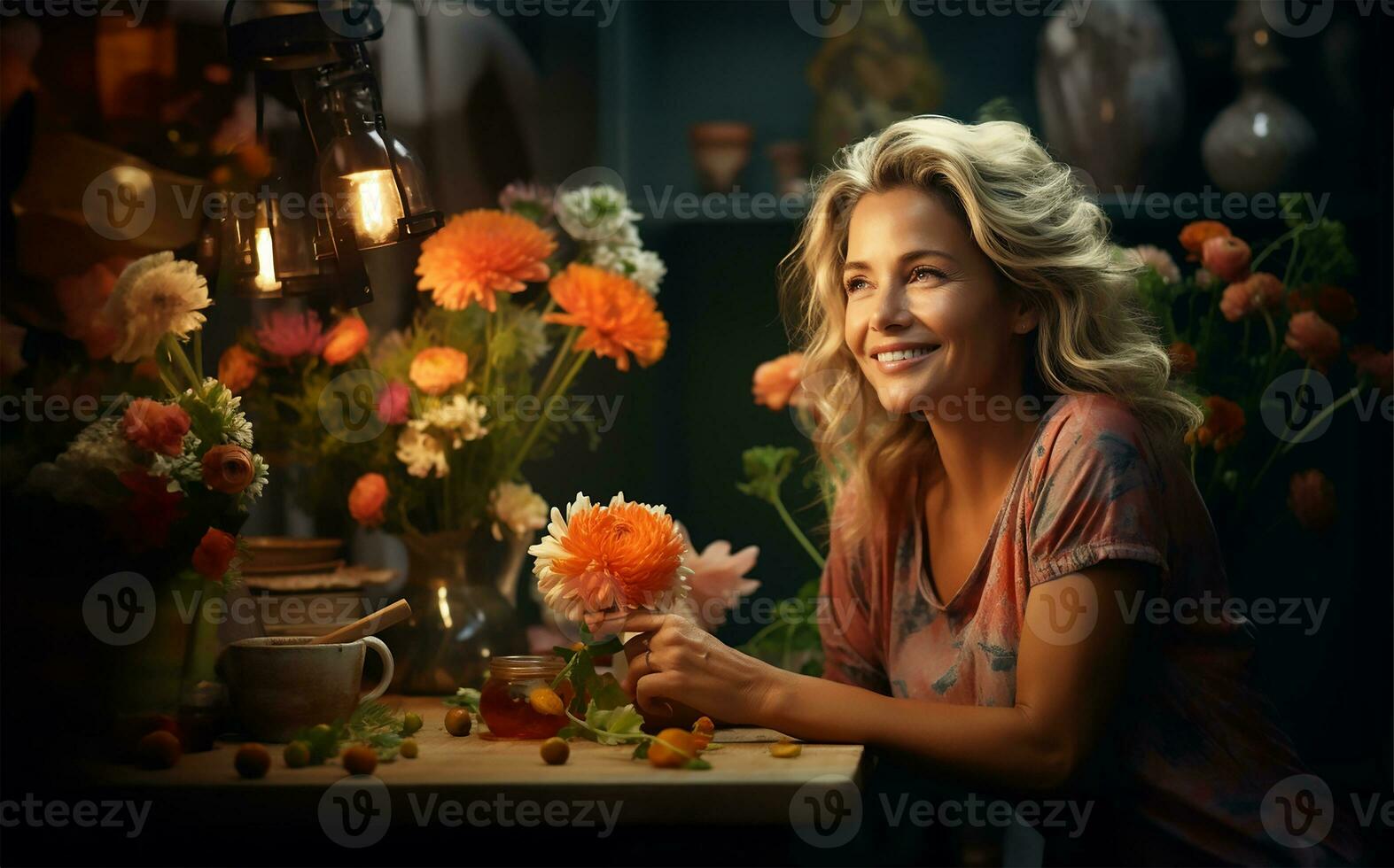 uma alegre meia idade mulher, irradiando calor e contentamento, senta confortavelmente dentro dela doméstico cozinha. ai gerado foto