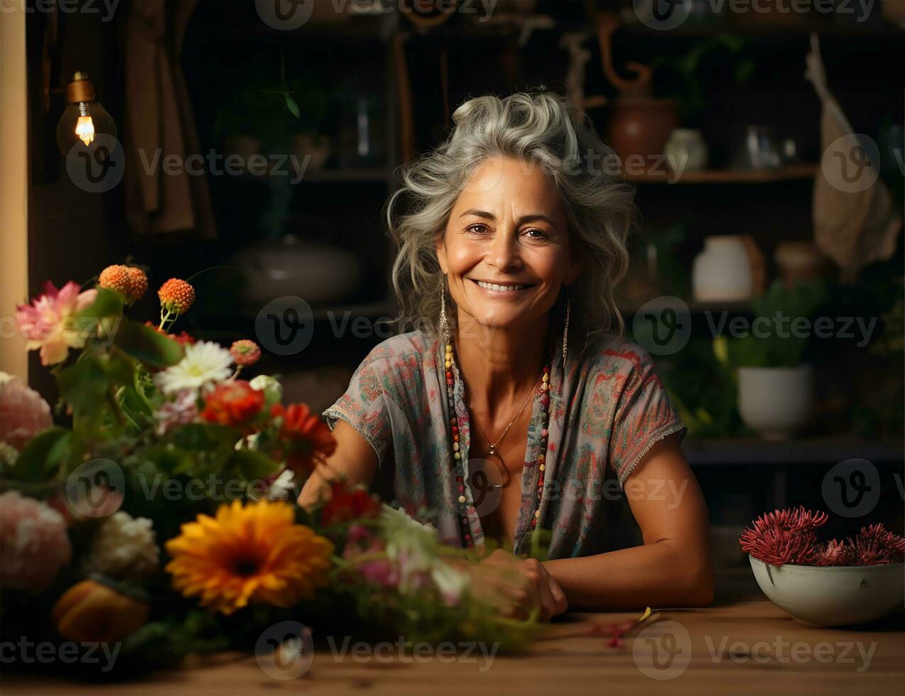 uma alegre meia idade mulher, irradiando calor e contentamento, senta confortavelmente dentro dela doméstico cozinha. ai gerado foto