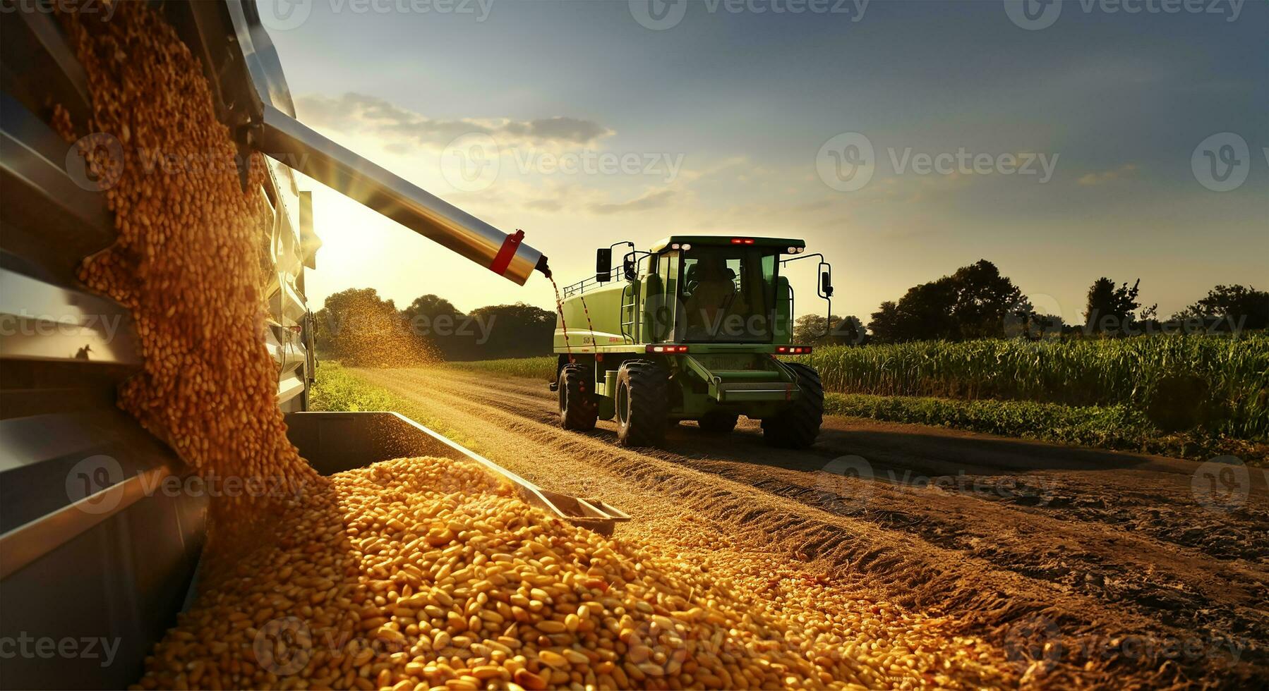 colheitadeira derramando recentemente colhido milho milho sementes ou soja para dentro uma recipiente reboque. ai gerado foto