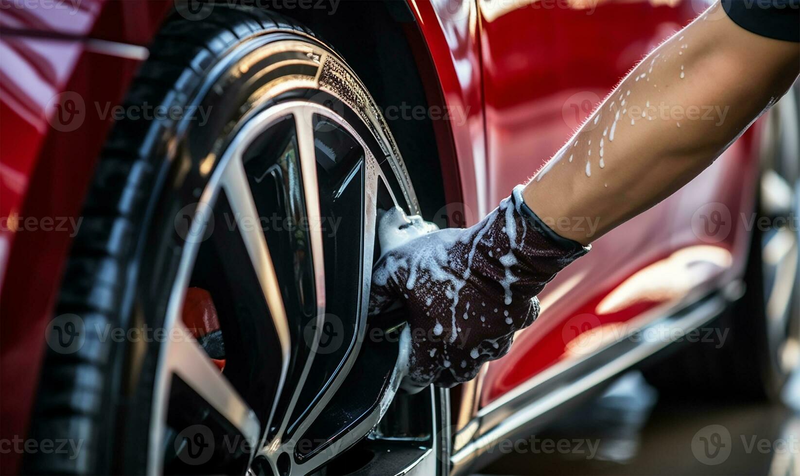 homem meticulosamente limpeza uma carro com uma microfibra pano. ai gerado foto