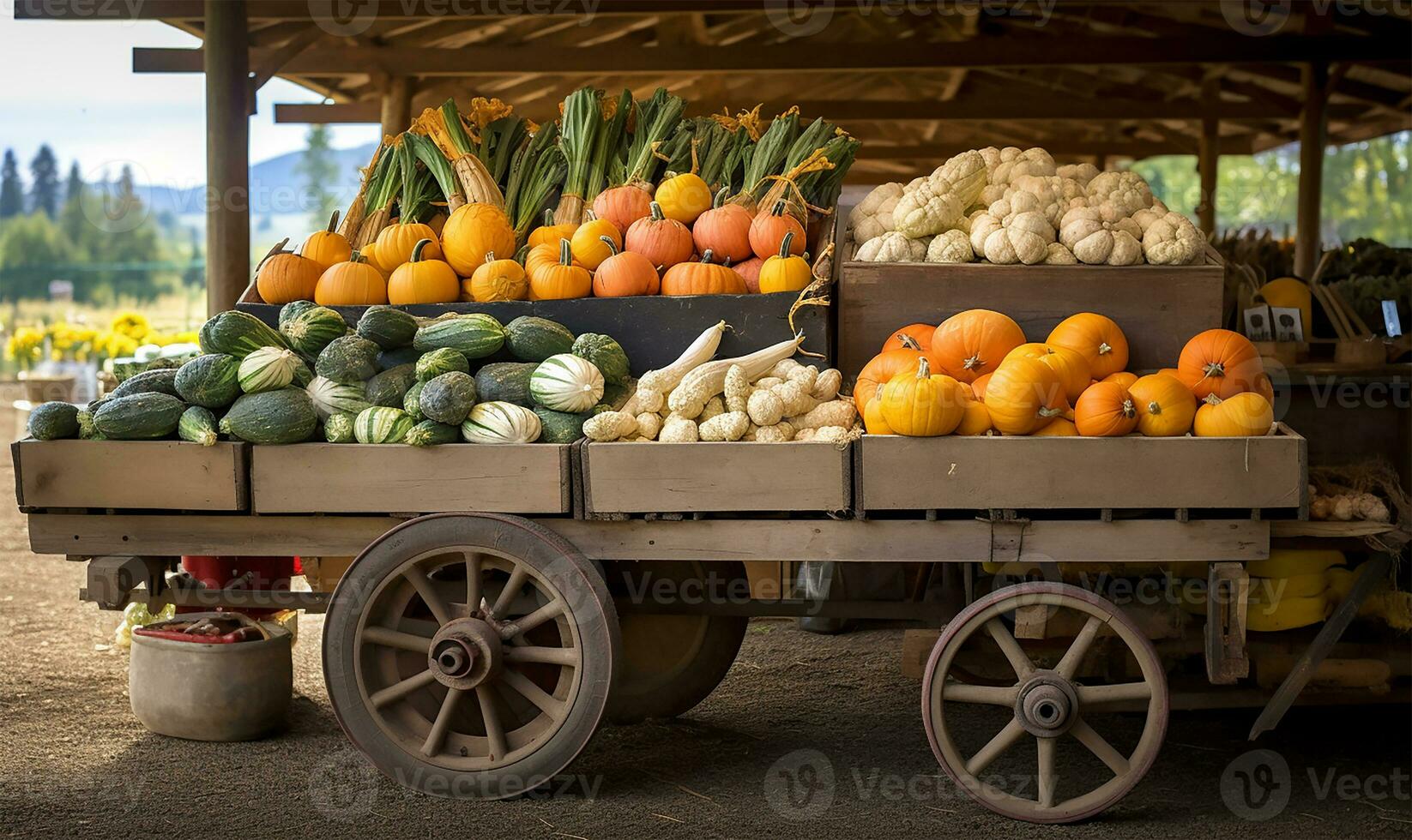 movimentado outono agricultores mercado transbordante com uma colorida matriz do abóboras e fresco outonal legumes. ai gerado foto