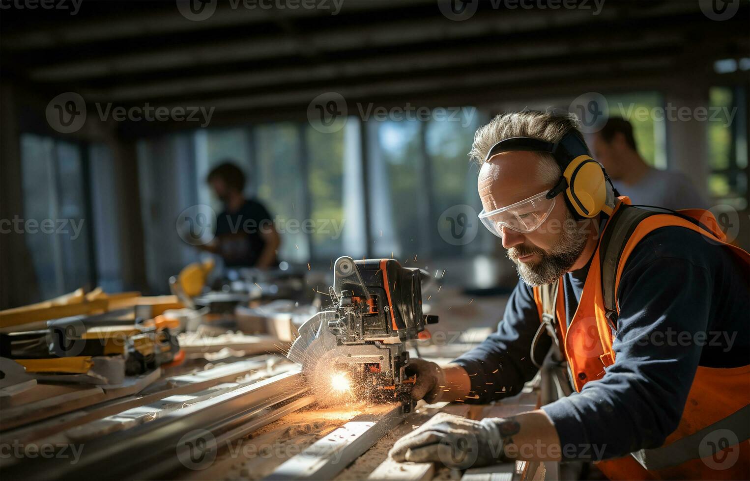 construção trabalhadores meticulosamente trabalhando em instalando uma porta, capturando a precisão e habilidade envolvido dentro a processo. ai gerado foto