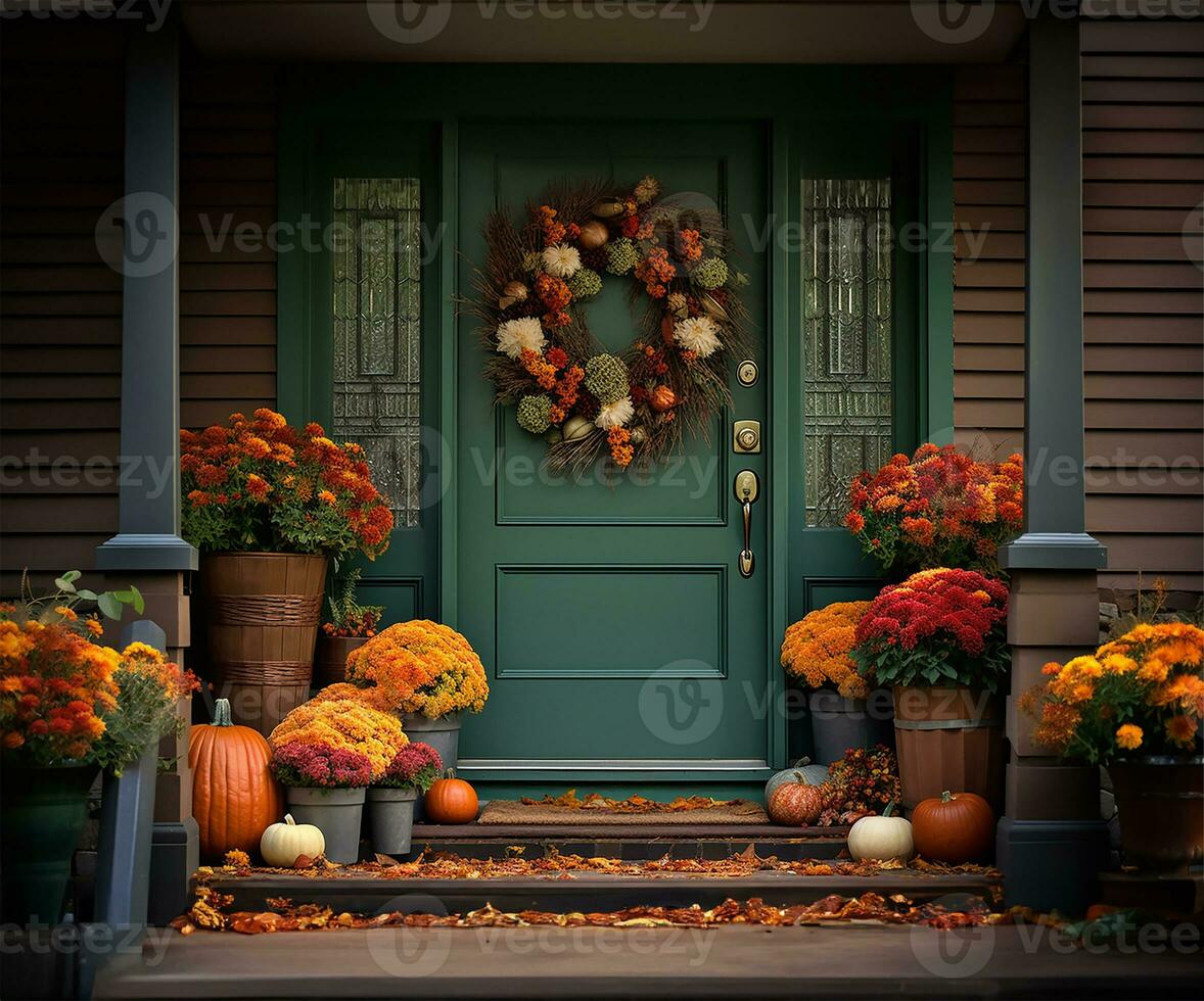 belas trabalhada outono guirlanda adornando uma rico verde frente porta, complementado de astuto outono flor Panela arranjos enfeitando a passos. ai gerado foto