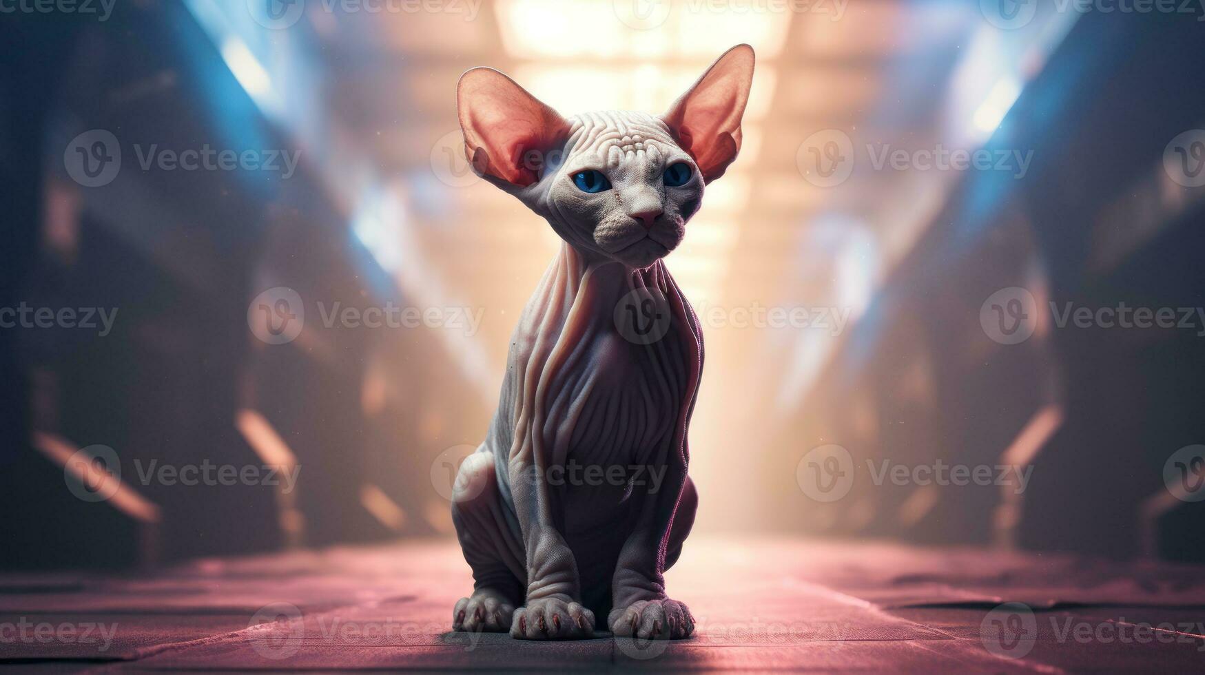 de raça pura de raça pura sphynx gatinho com branco Calvo pele e azul olhos em etapa dentro a holofotes às exibição do de raça pura gatos. gato mostrar. melhor gato, ganhador. anúncio, poster, bandeira ai gerado foto