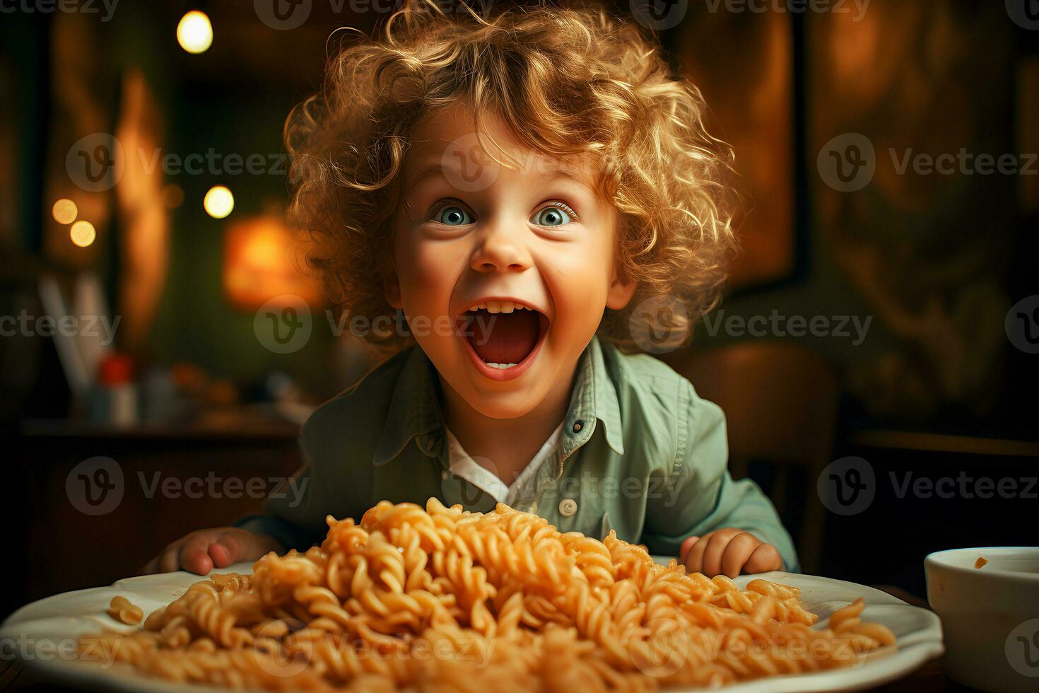 fofa pequeno criança Garoto comendo espaguete bolonhesa ou massa Macarrão bolonhesa às lar. feliz criança comendo fresco cozinhou saudável refeição com Macarrão. generativo ai. foto