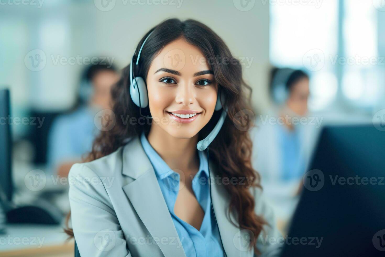 uma mulher com uma ligar Centro fone de ouvido sorridente .generativo ai foto