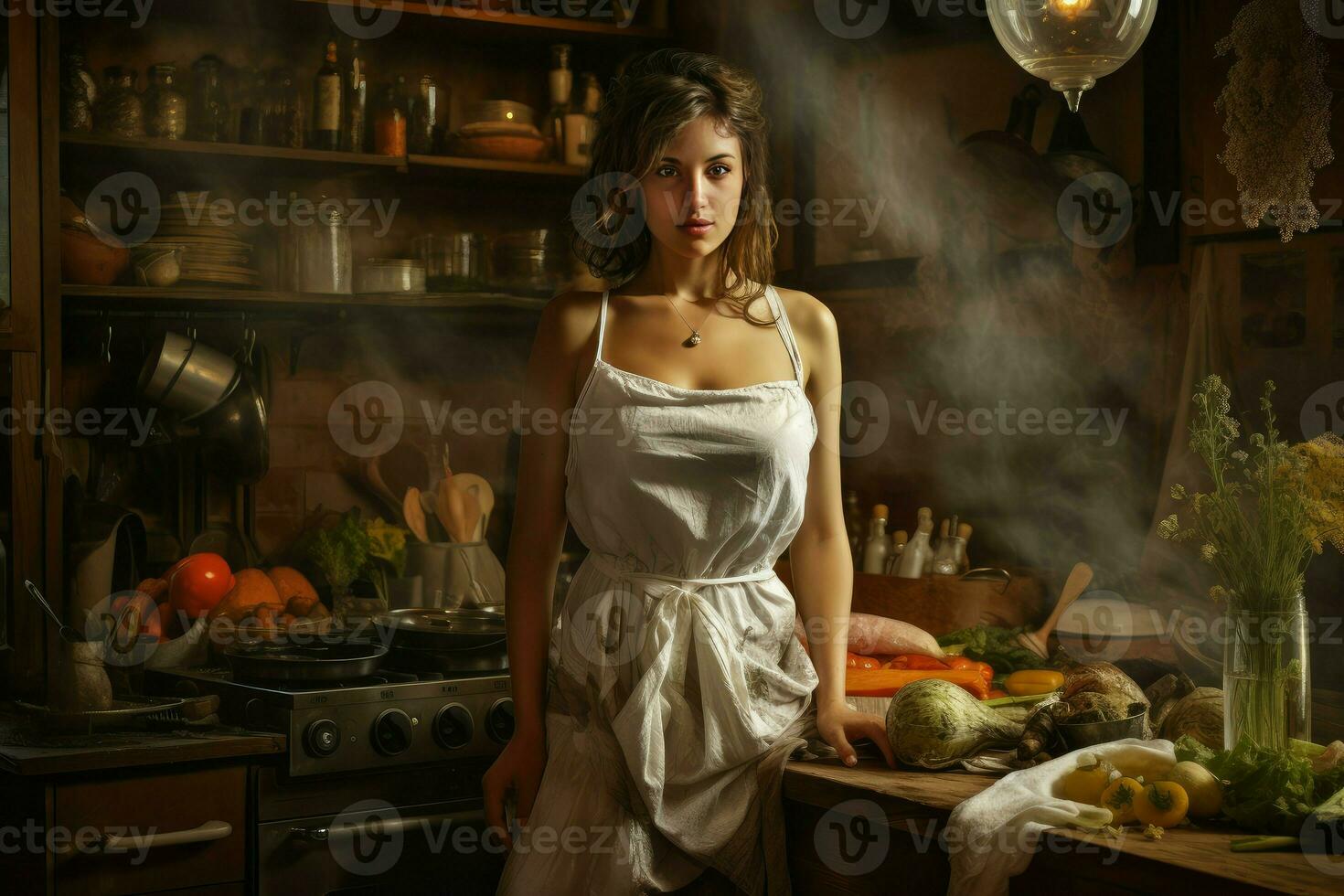 devotado cozinhar mulher cozinha claro. gerar ai foto