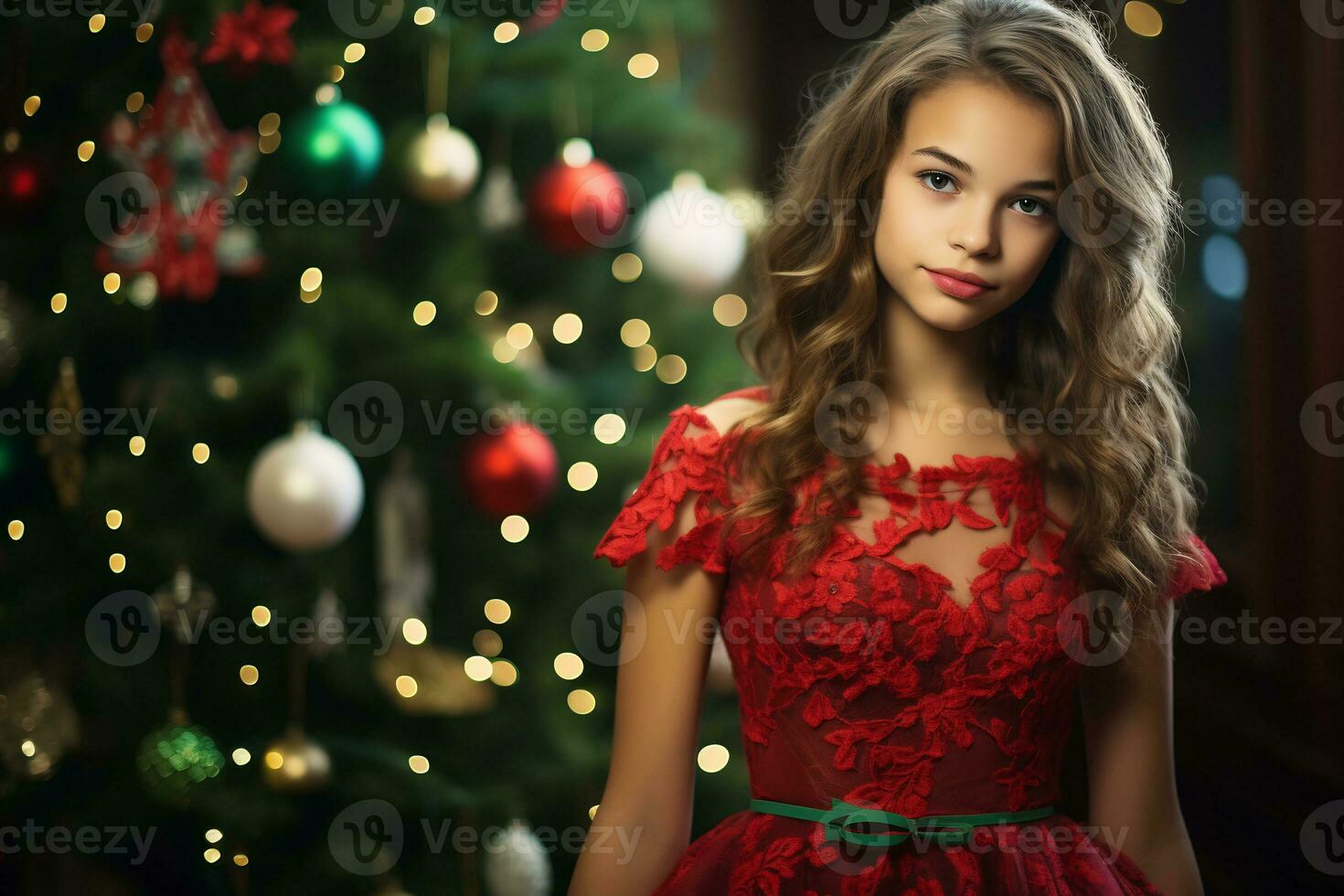 uma jovem menina vestindo vermelho e verde vestir dentro frente do a decorado Natal árvore ai generativo foto