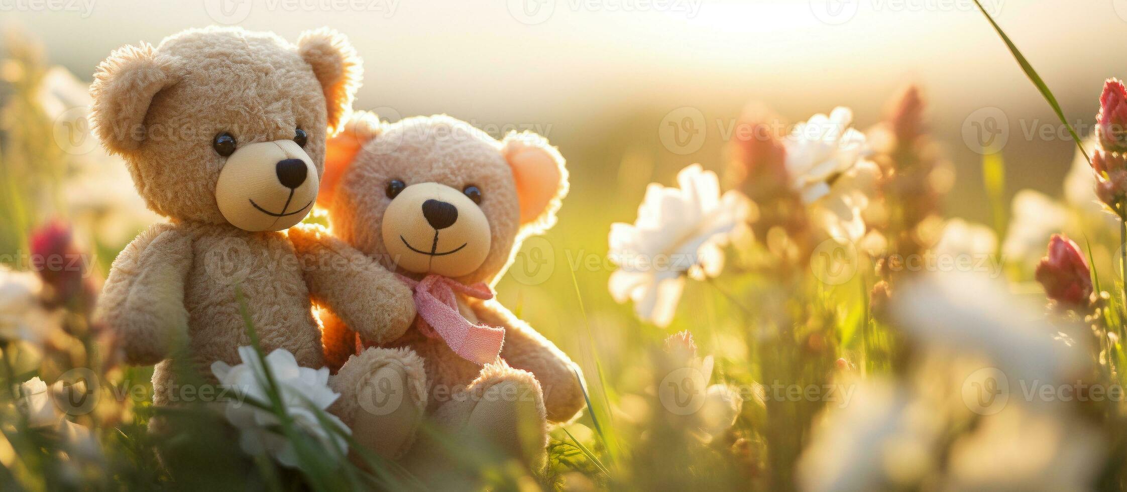 casal Urso de pelúcia ursos abraçando flores jardim verde grama, dia dos namorados dia conceito. generativo ai foto