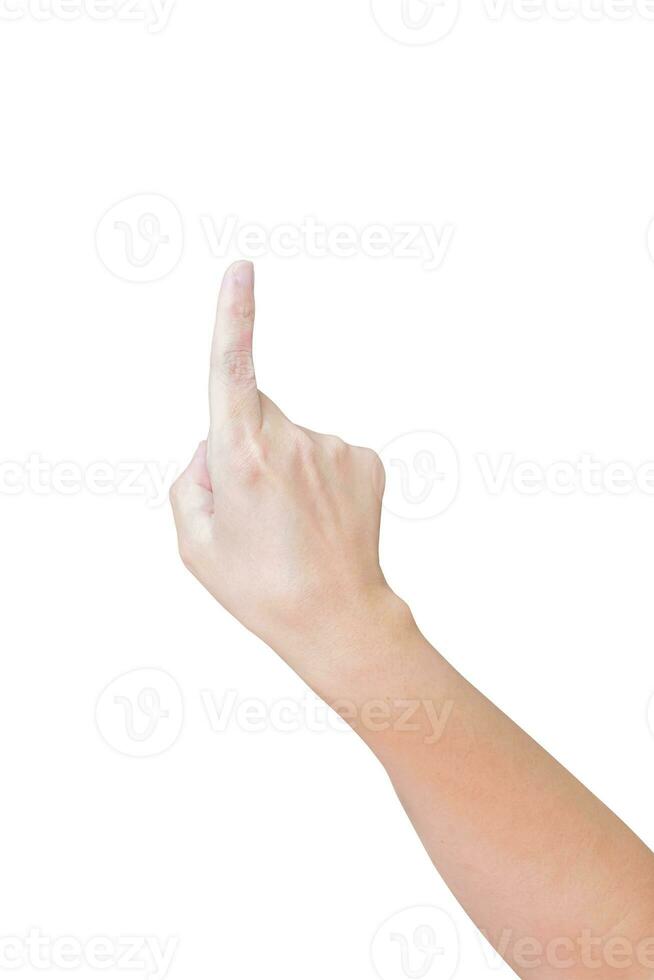 homem mão tocante ou apontando para alguma coisa isolado em branco fundo foto