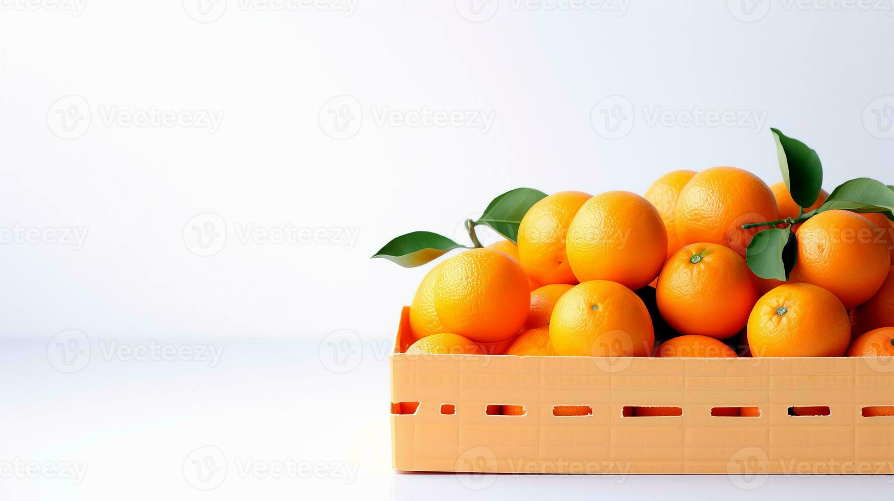 caixa com laranjas em uma branco fundo. saudável comida, Vitamina c, superalimento. foto