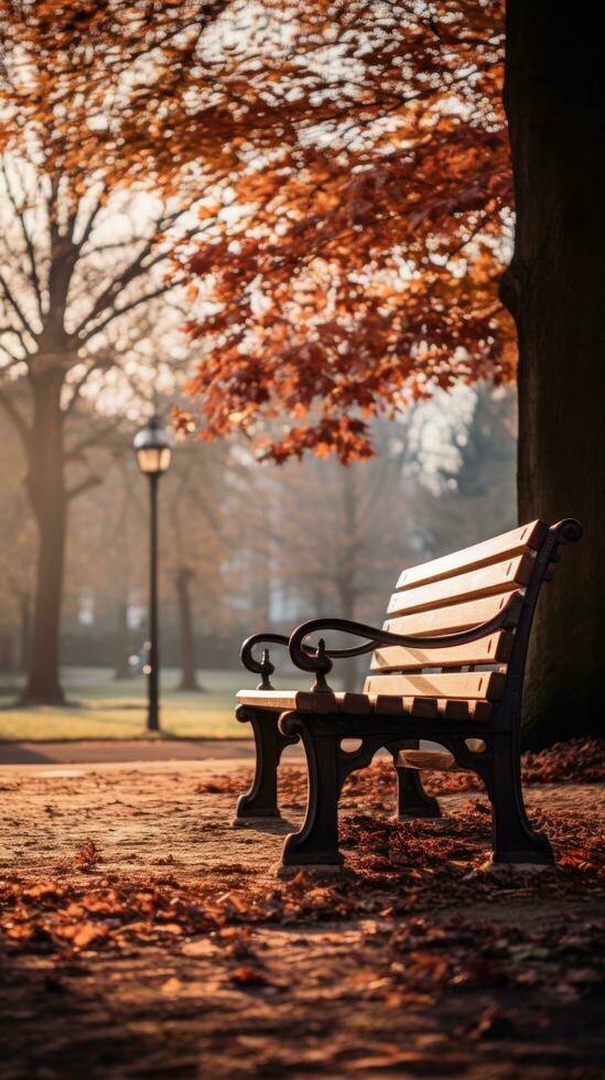 uma de madeira Banco é sentado dentro a parque dentro atrasado outono foto