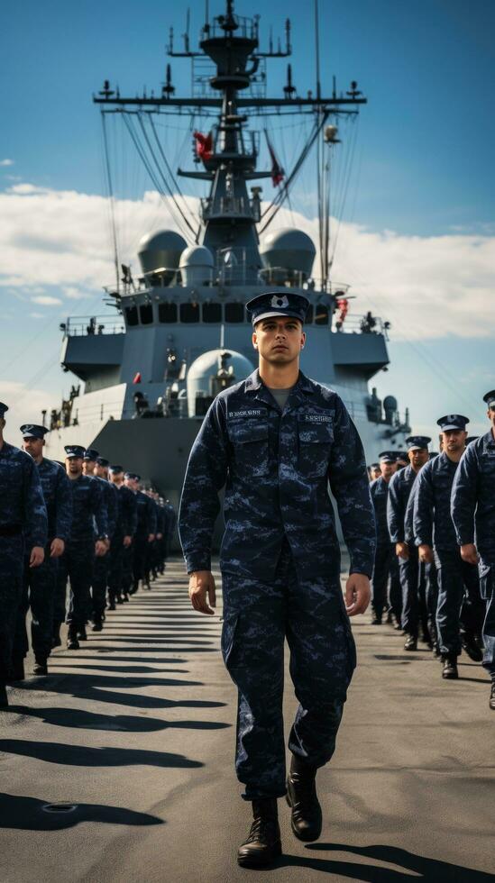naval embarcação com marinheiros em área coberta dentro uniforme foto