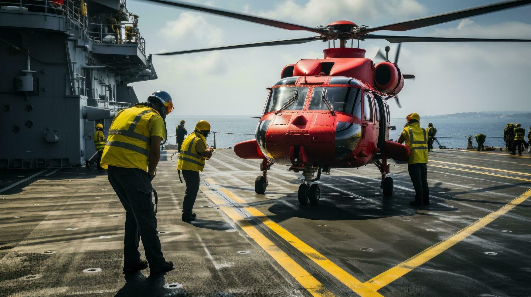helicóptero aterrissagem em a área coberta do uma navio foto