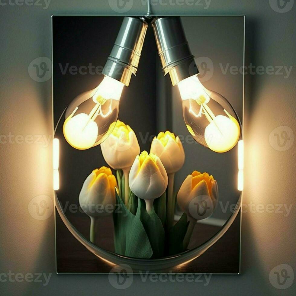 vestir sala, lá é uma espelho iluminado com tulipa lâmpadas. isto idéia ajuda para Salve  energia Como elas estão energia eficiente elétrico lâmpadas, que emitir brilhante luz e providenciar uma senso. ai generativo foto