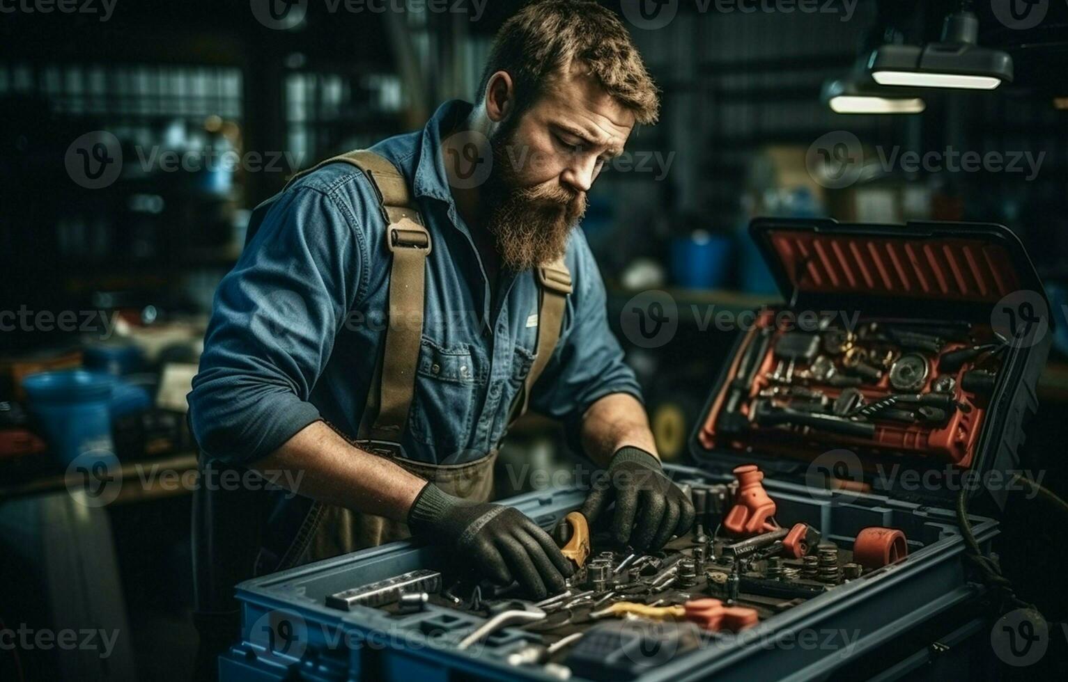 às uma contemporâneo serviço estação, uma mecânico abre uma azul metal caixa contendo vários Ferramentas para carro reparar. ai generativo foto