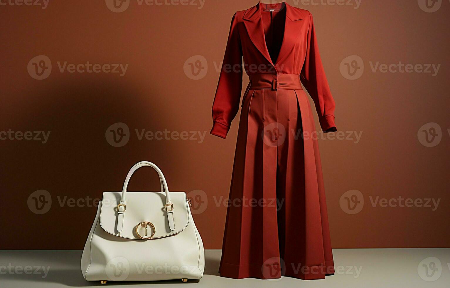 moderno mulher vestuário consistindo do uma vermelho jaqueta, calça, e uma branco geométrico bolsa. ai generativo foto