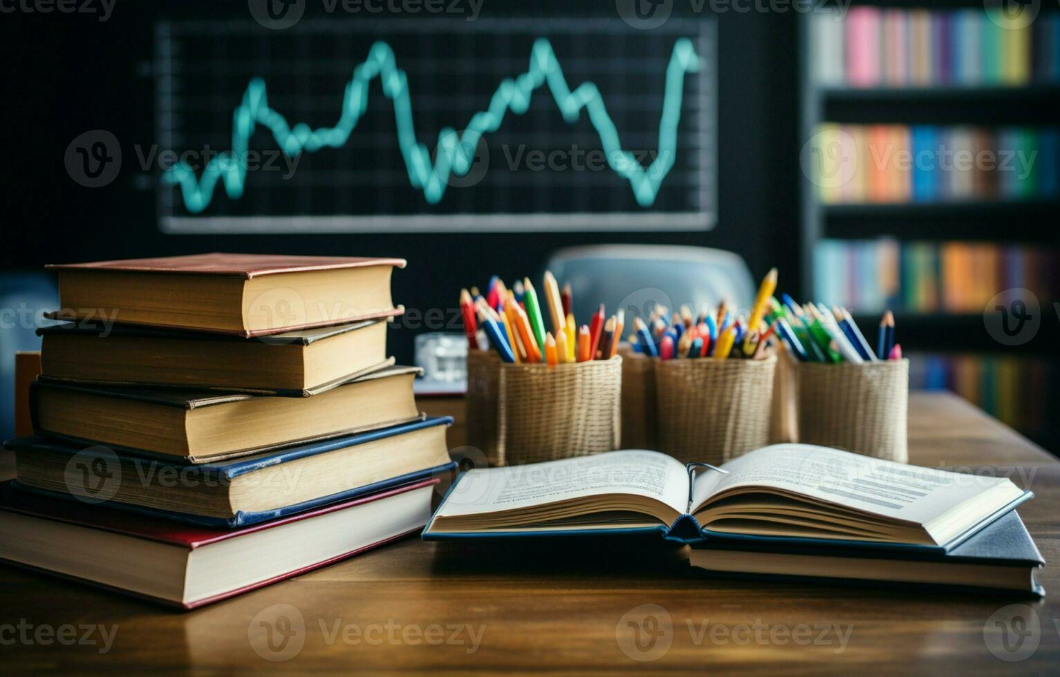 livros em a mesa contra uma pano de fundo do quadro-negro gráficos e gráficos representando crescimento e cair. escola do o negócio Educação. ai generativo foto