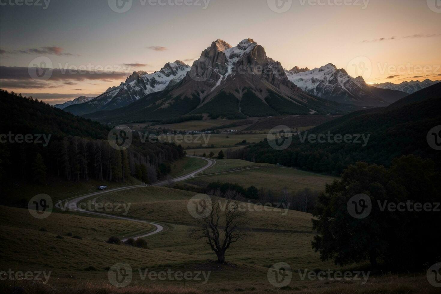 majestoso pôr do sol panorama com árvore silhueta. ai gerado. foto