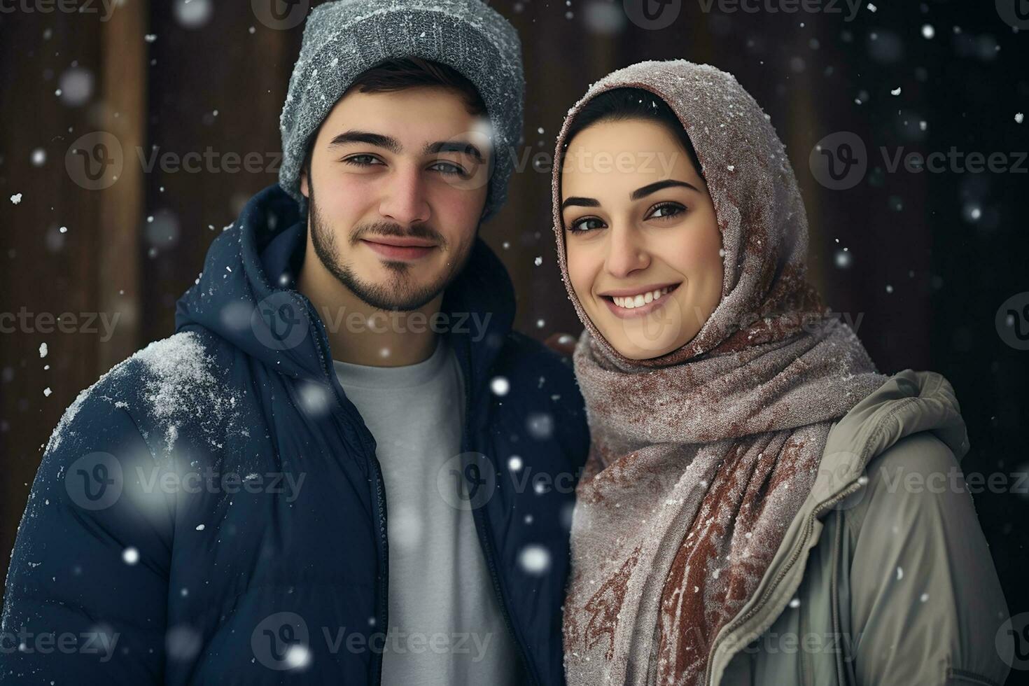 ai gerado retrato do lindo sorridente jovem casal homem e mulher em pé debaixo nevando foto