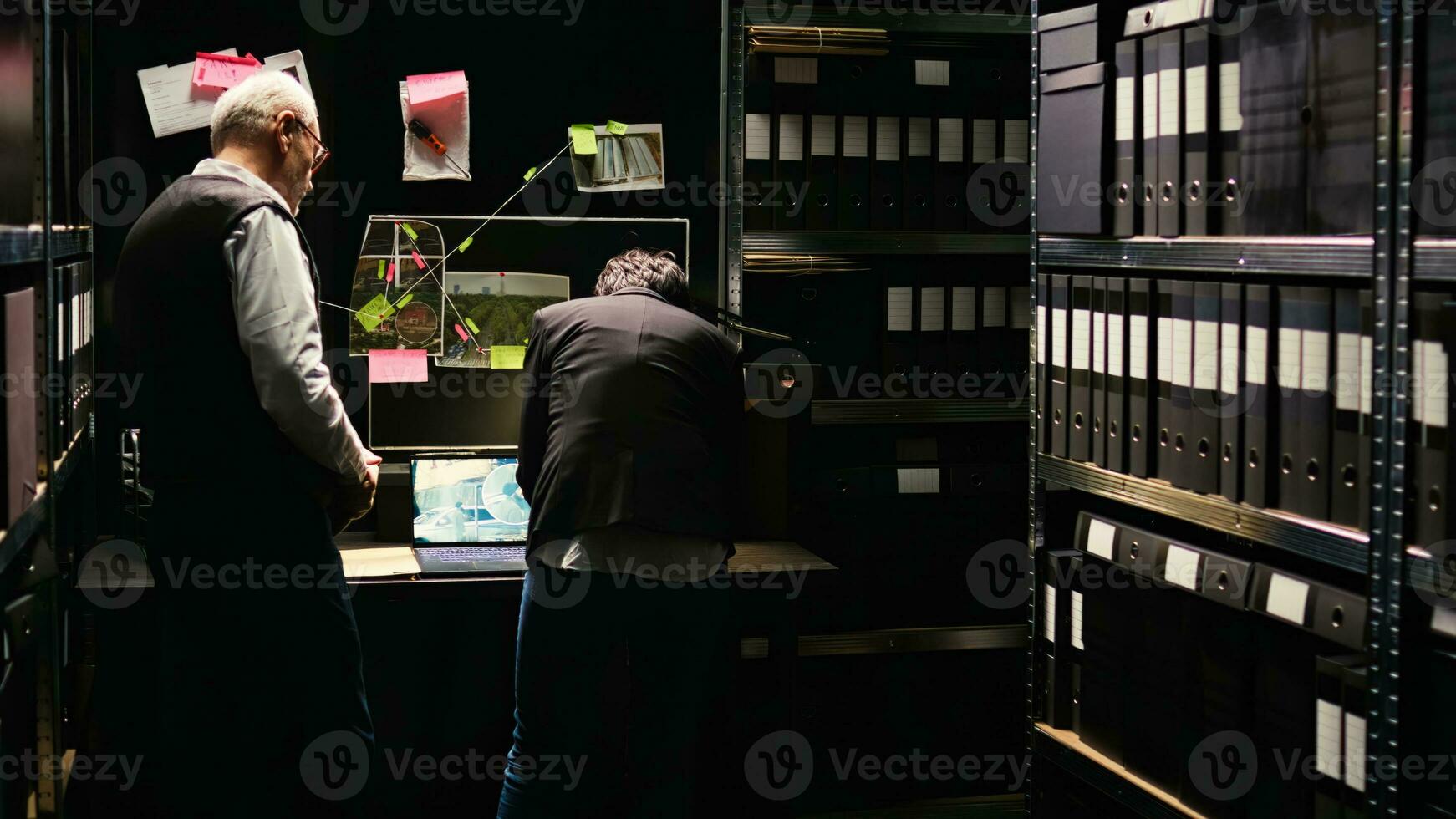 equipe do experts conectando pistas em quadro, tentando para encontrar todos escondido detalhes para resolver Criminoso caso e pegar suspeito. dois polícia oficiais trabalhando em investigação, clandestino Operação. foto