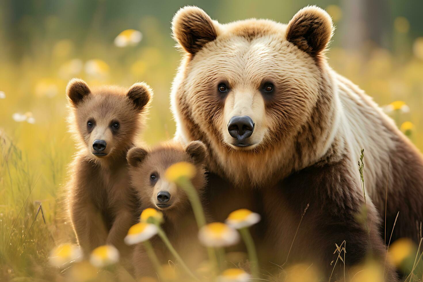 grisalho Urso mãe e filhotes. hd qualidade navalha afiado imagens. ai generativo foto