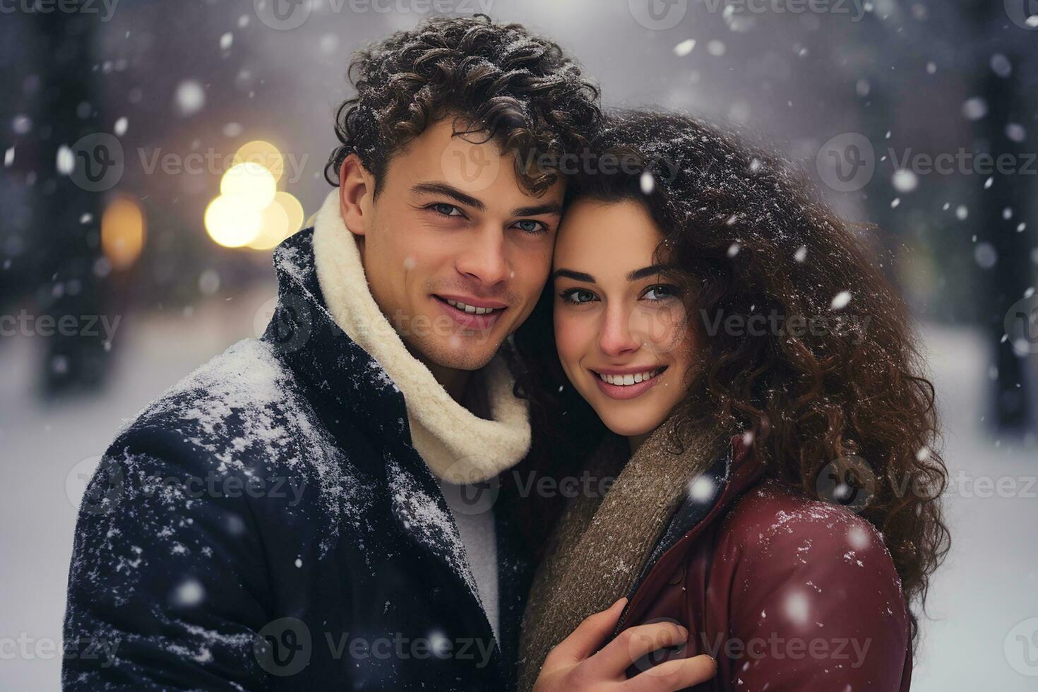 ai gerado retrato do lindo sorridente jovem casal homem e mulher em pé debaixo nevando foto