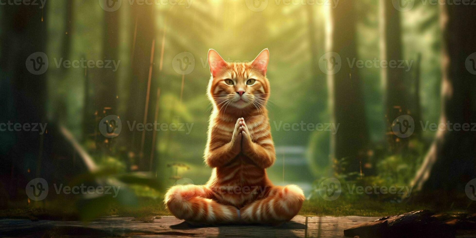 uma gato medita dentro a floresta. gato com namaste pose. generativo ai foto