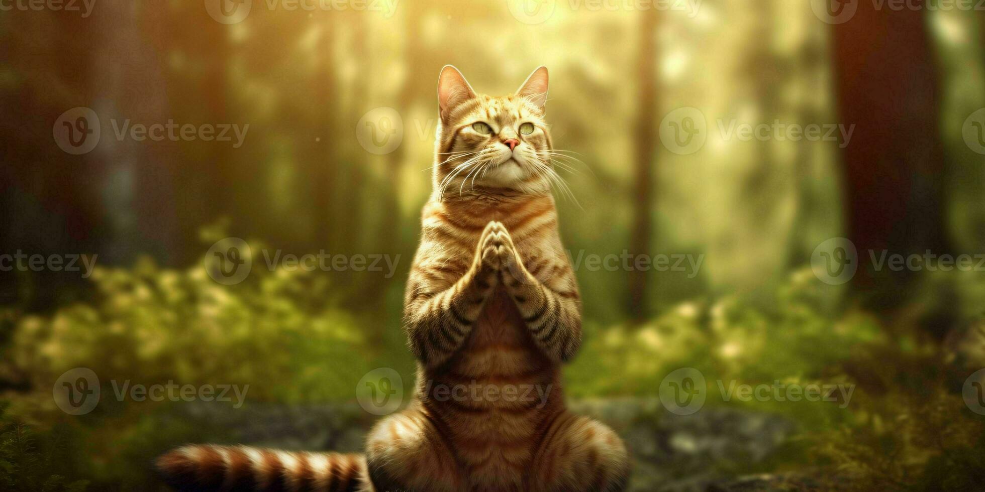 uma gato medita dentro a floresta. gato com namaste pose. generativo ai foto