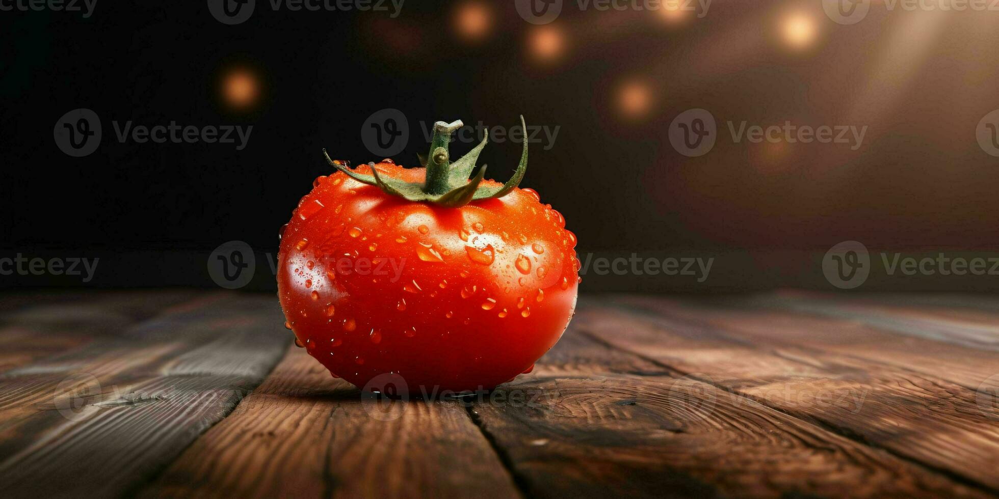 fresco vermelho tomates com água gotas em de madeira mesa. generativo ai foto