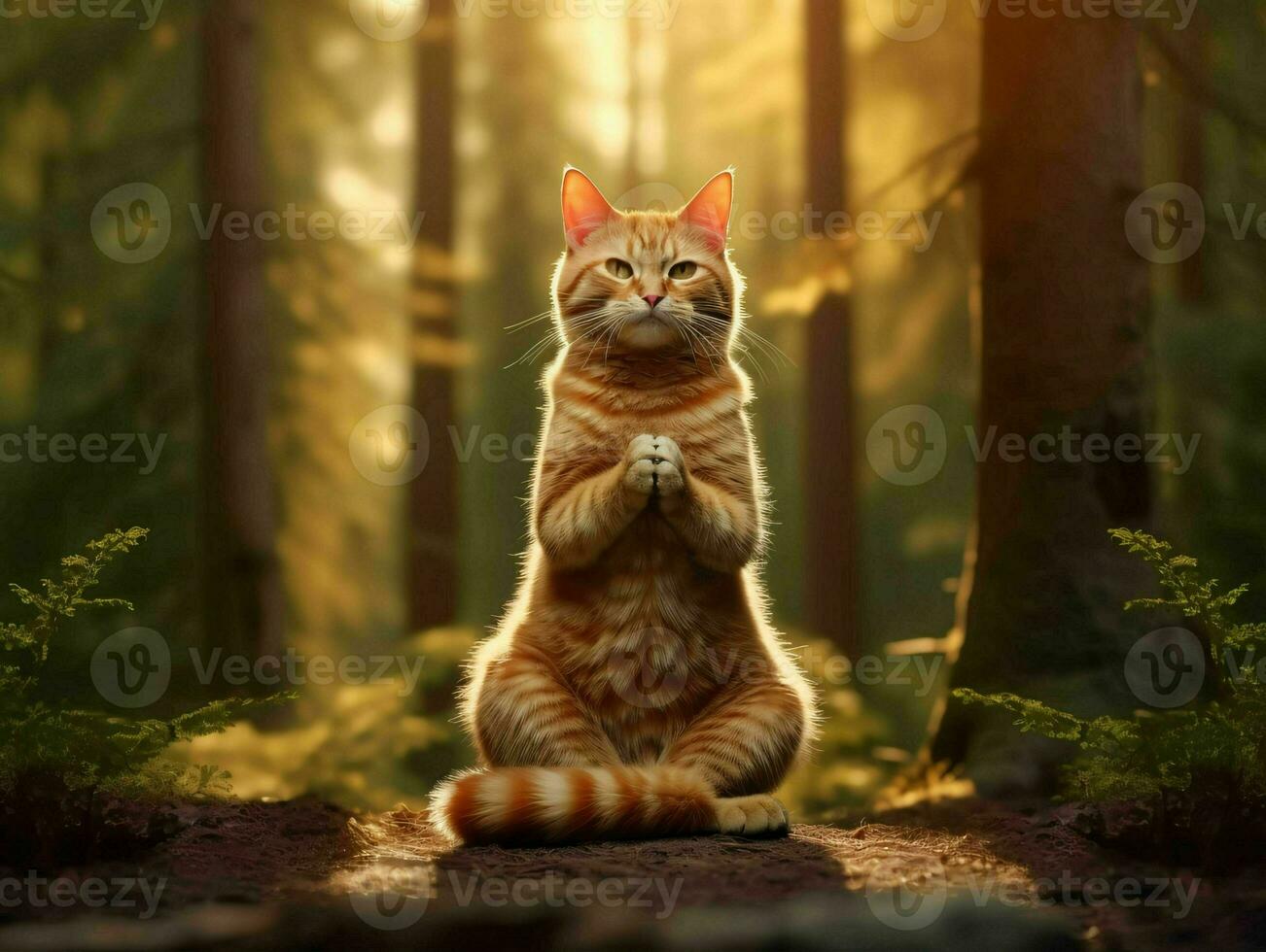 uma gato medita dentro a floresta. gato com namaste pose. generativo ai foto