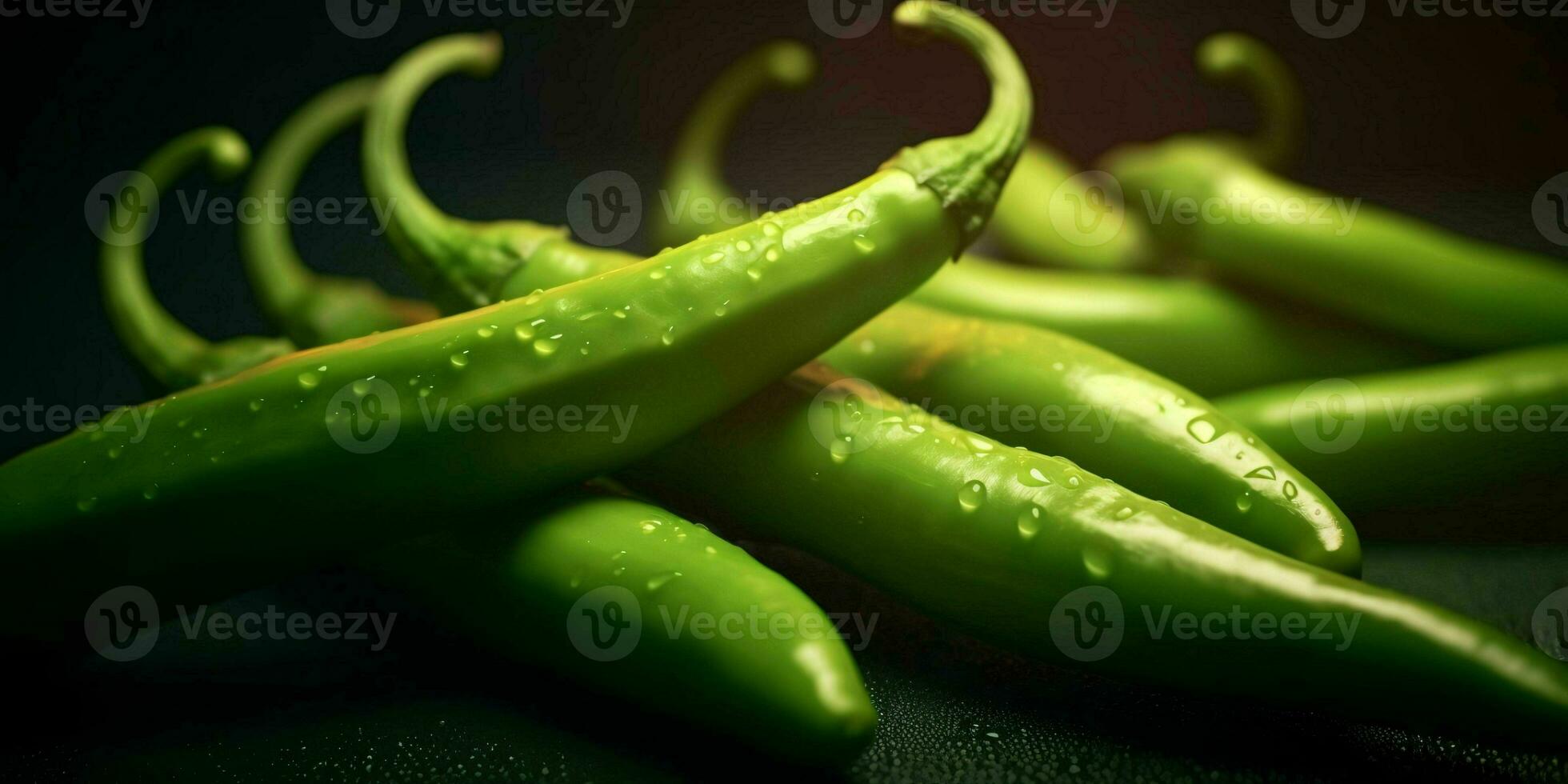 fresco verde Pimenta de caiena Pimenta com água gotas. generativo ai foto