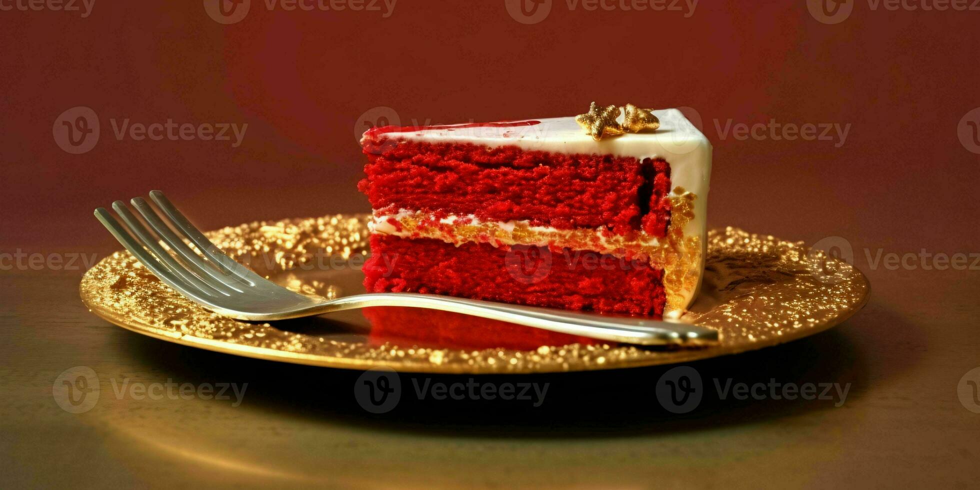 uma delicioso fatia do vermelho bolo em uma dourado placa. generativo ai foto