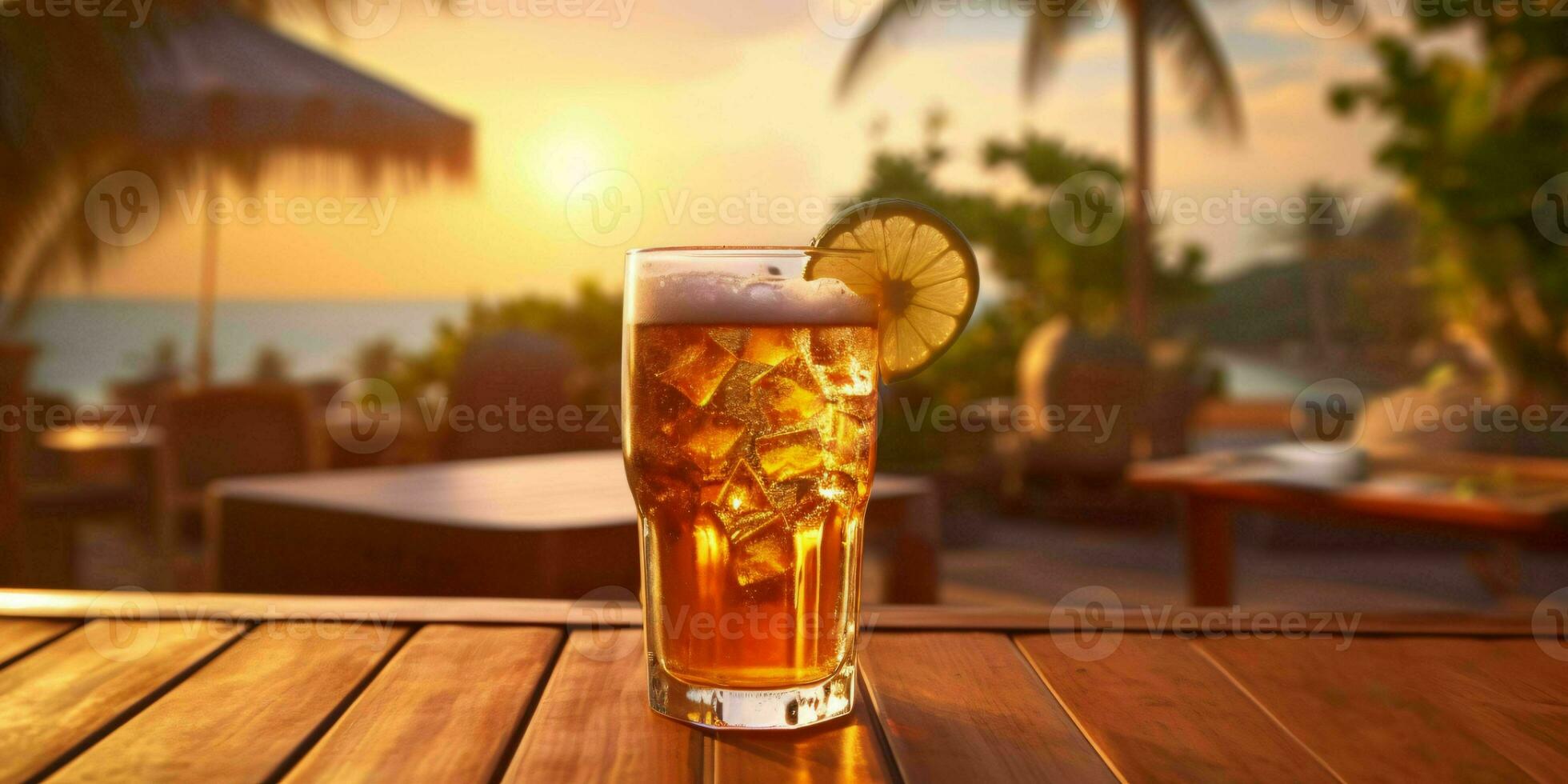 fresco Cerveja em uma de madeira mesa com de praia visualizar. generativo ai foto