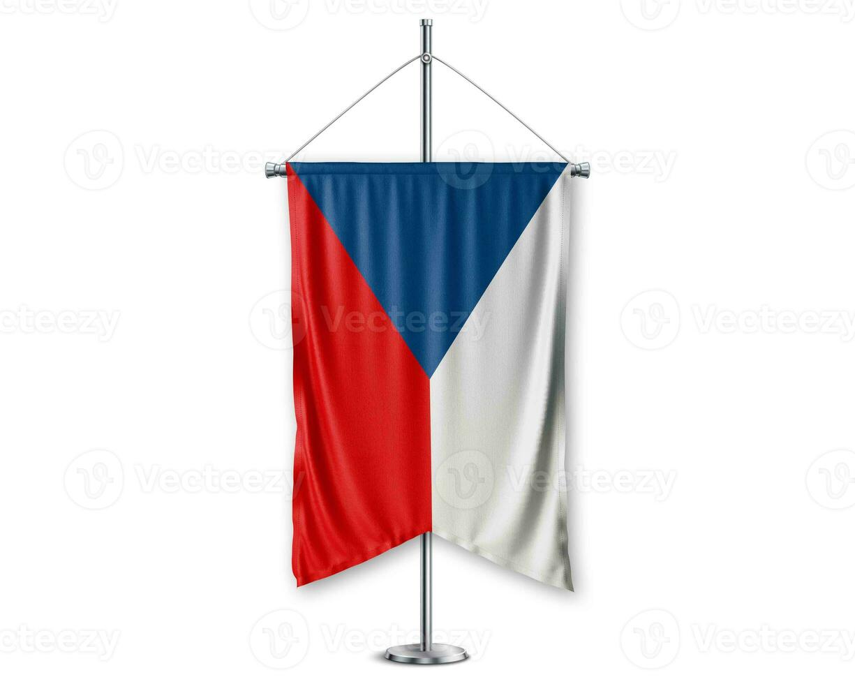 tcheco república acima galhardetes 3d bandeiras em pólo ficar de pé Apoio, suporte pedestal realista conjunto e branco fundo. - imagem foto