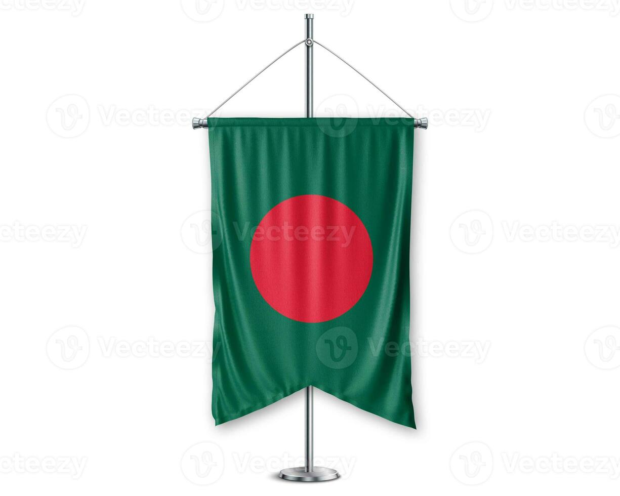 Bangladesh acima galhardetes 3d bandeiras em pólo ficar de pé Apoio, suporte pedestal realista conjunto e branco fundo. - imagem foto