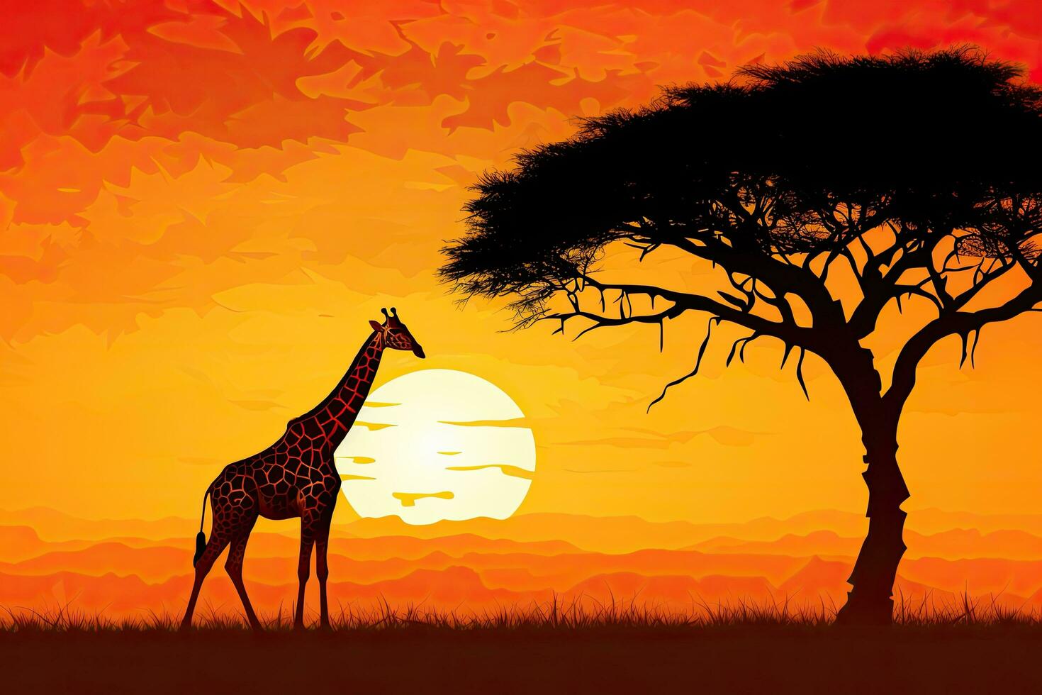 africano savana panorama com girafa e acácia árvore às pôr do sol, girafa silhueta - africano animais selvagens fundo - beleza dentro cor e liberdade, ai gerado foto