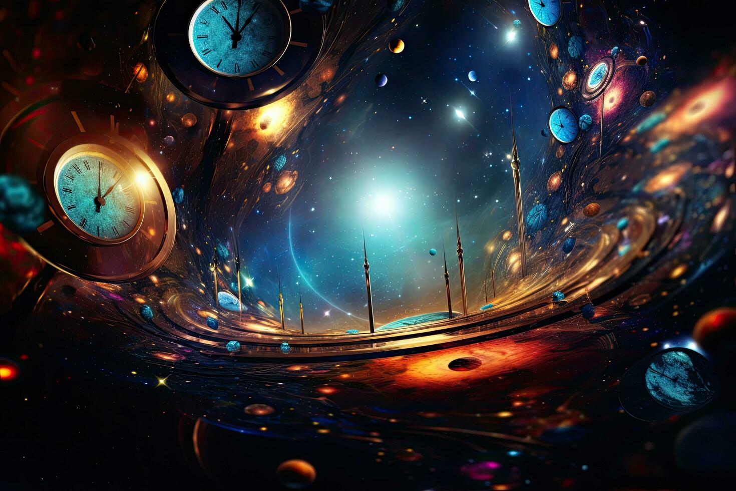 abstrato cena com relógios e planetas dentro espaço. 3d Renderização, colorida abstrato papel de parede textura fundo, universo e Tempo viagem entre estrelas e planetas, ai gerado foto